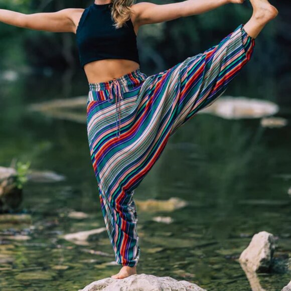 Buddha Pants Unisex Drawstring Boho Hippie Stripe Savannah Harem Pants Green - Picture 12 of 15